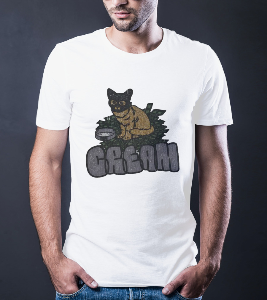 CREAM Cat Vintage Style With Bowl And Leafy Background T-Shirt