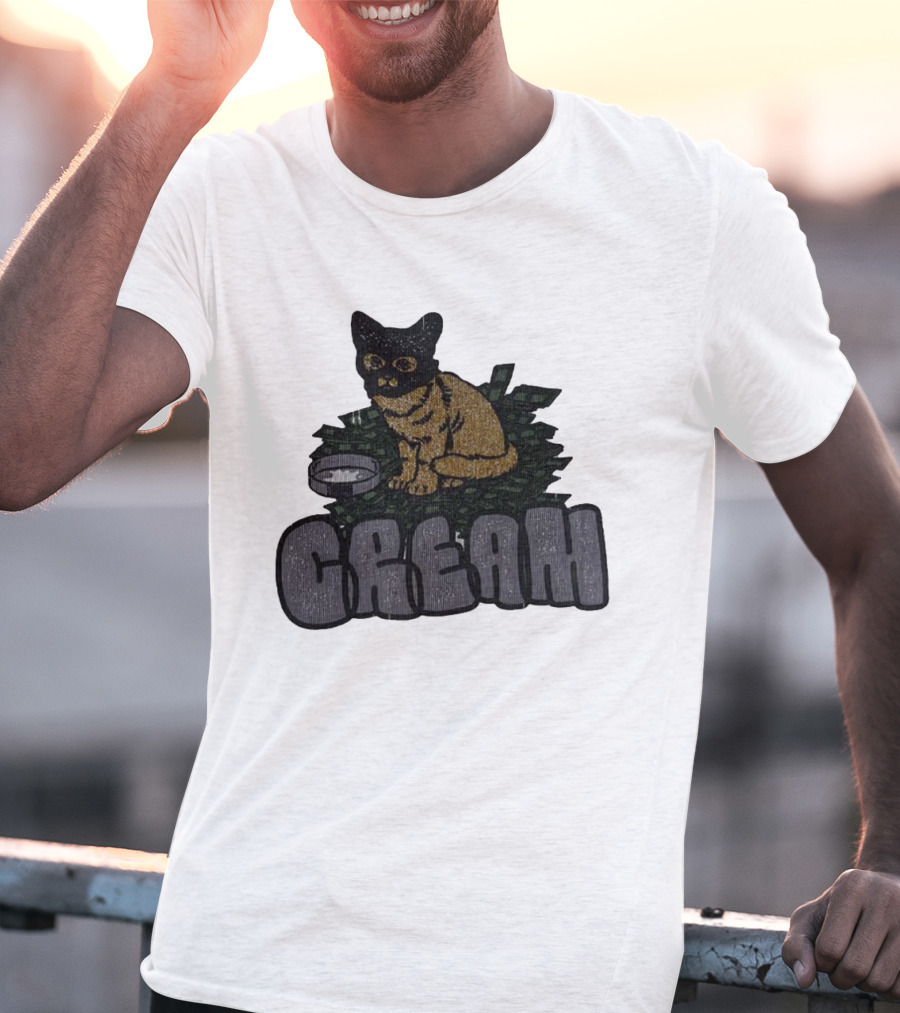 CREAM Cat Vintage Style With Bowl And Leafy Background T-Shirt