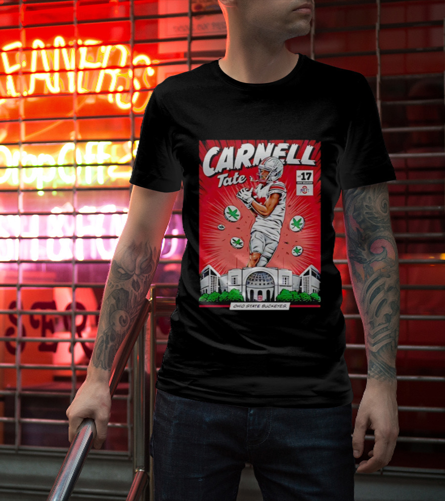 Carnell Tate Ohio State Buckeyes Comic No. 17 Buckeye Leaves Stadium T-Shirt