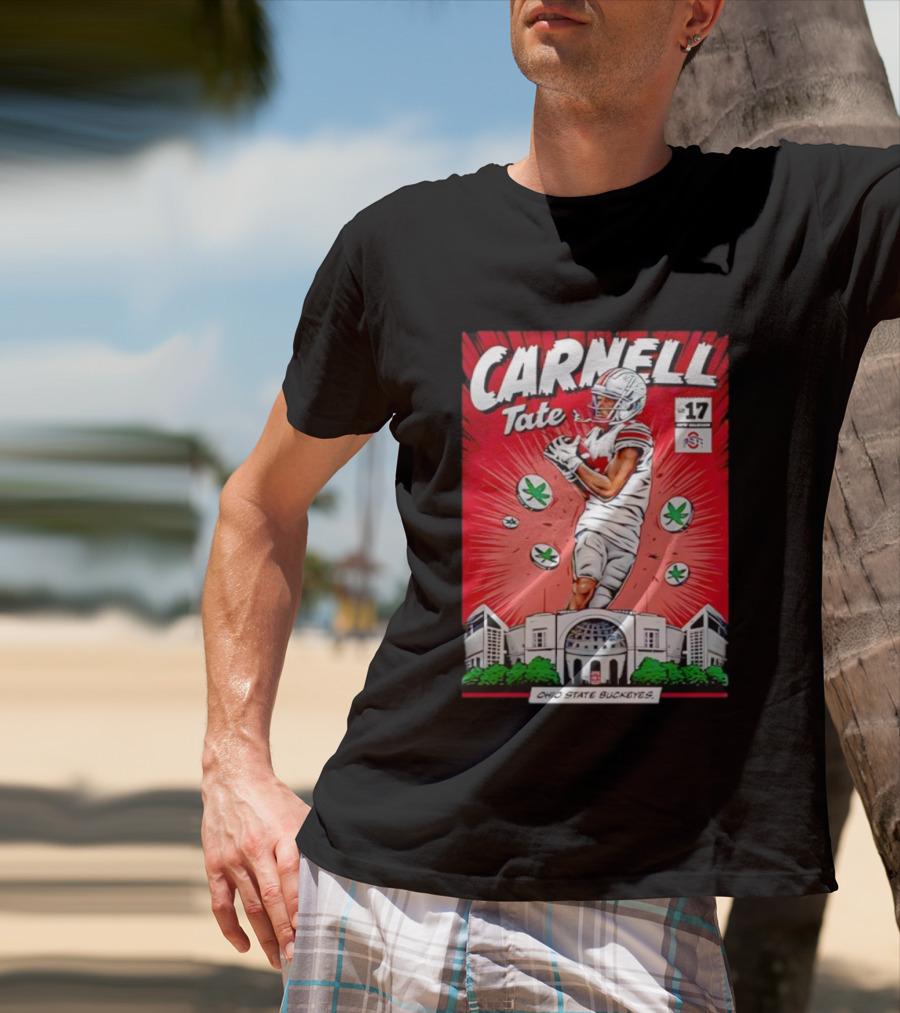 Carnell Tate Ohio State Buckeyes Comic No. 17 Buckeye Leaves Stadium T-Shirt
