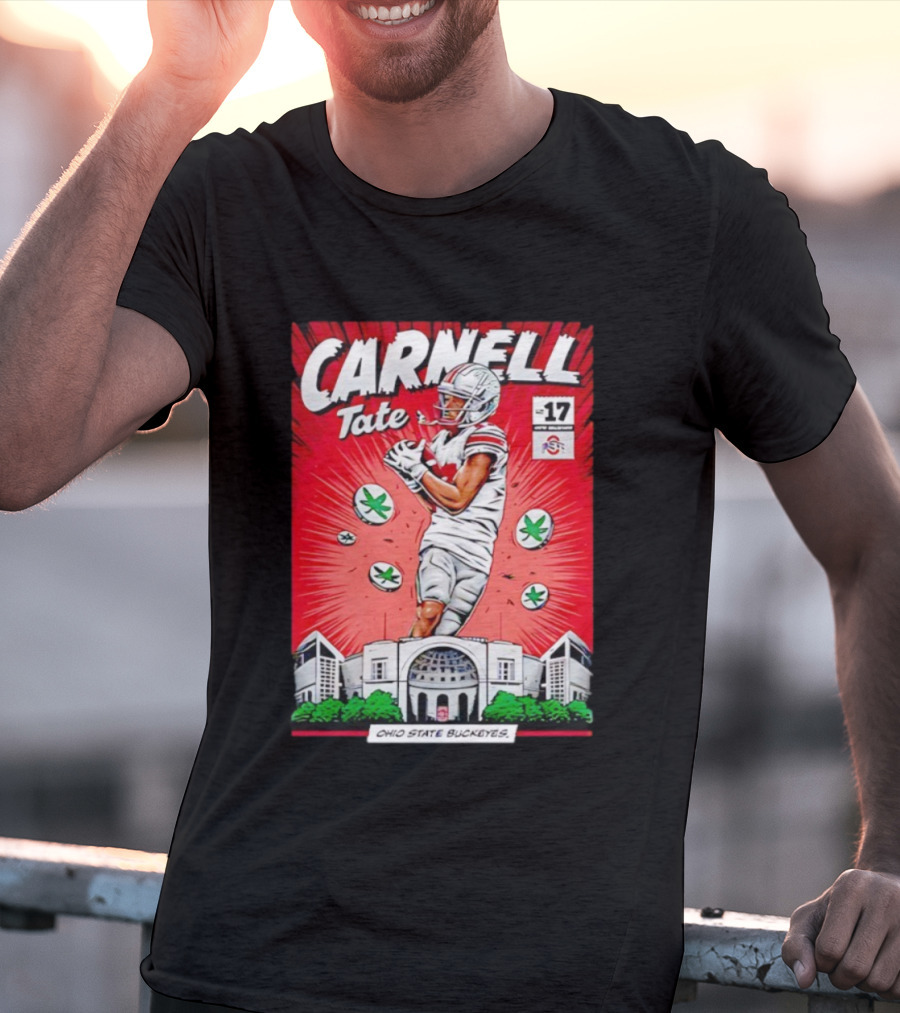 Carnell Tate Ohio State Buckeyes Comic No. 17 Buckeye Leaves Stadium T-Shirt