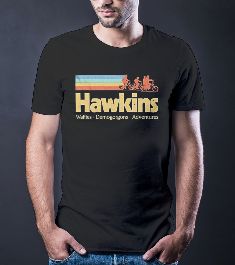 Hawkins Waffles Demogorgons Adventures Retro Stripe Bike Riders T-Shirt