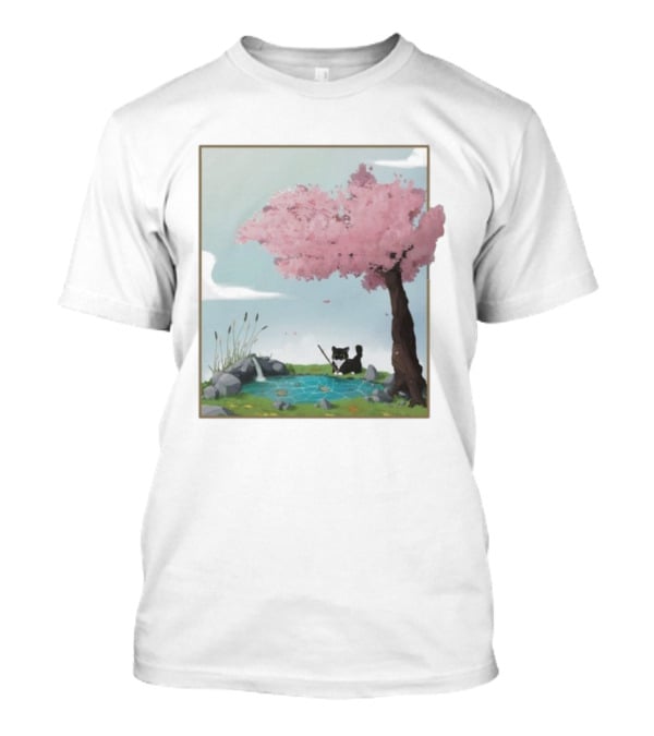 Cherry Blossom Cat Fishing By Tranquil Pond T-Shirt