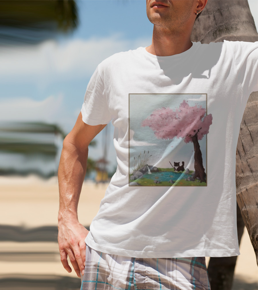 Cherry Blossom Cat Fishing By Tranquil Pond T-Shirt
