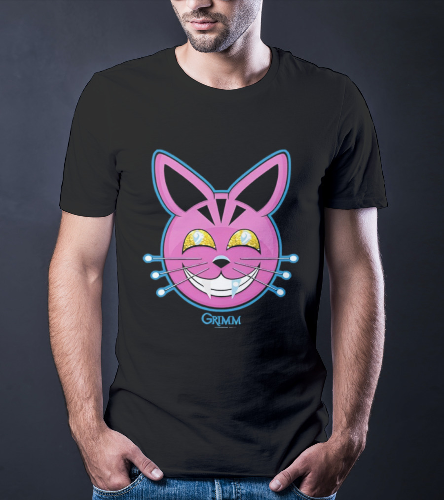 Grimm Retchid Kat Pink Cartoon Face With Yellow Eyes And Blue Whiskers T-Shirt