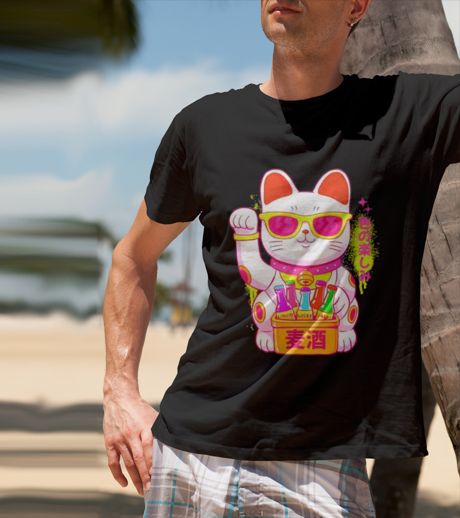 Lucky Maneki Neko With Sunglasses And Colorful Drinks T-Shirt