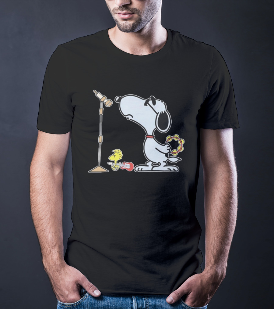 Oasis Snoopy And Woodstock Rock Band Peanuts Tambourine Guitar Microphone T-Shirt