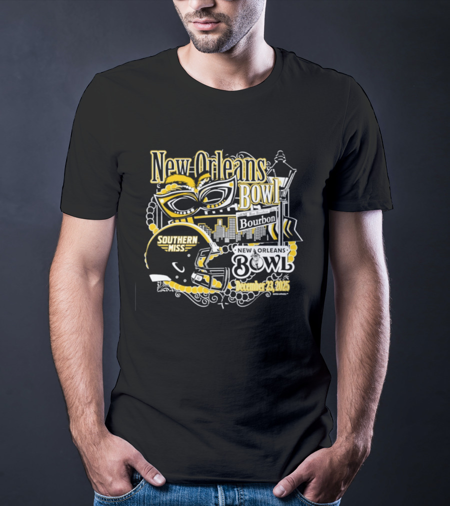 Southern Miss Golden Eagles New Orleans Bowl December 23 2025 Bourbon Street Helmet Mardi Gras Beads Skyline T-Shirt