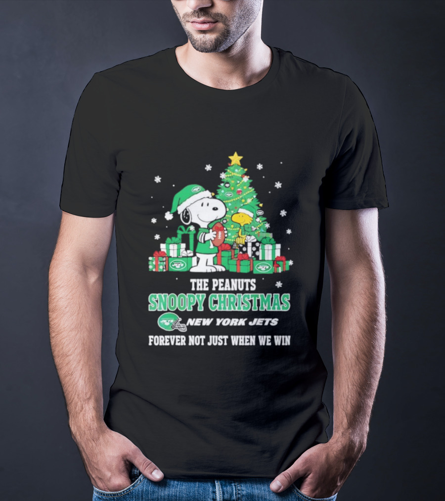 The Peanuts Snoopy Christmas New York Jets Forever Not Just When We Win Football Tree Holiday Theme T-Shirt
