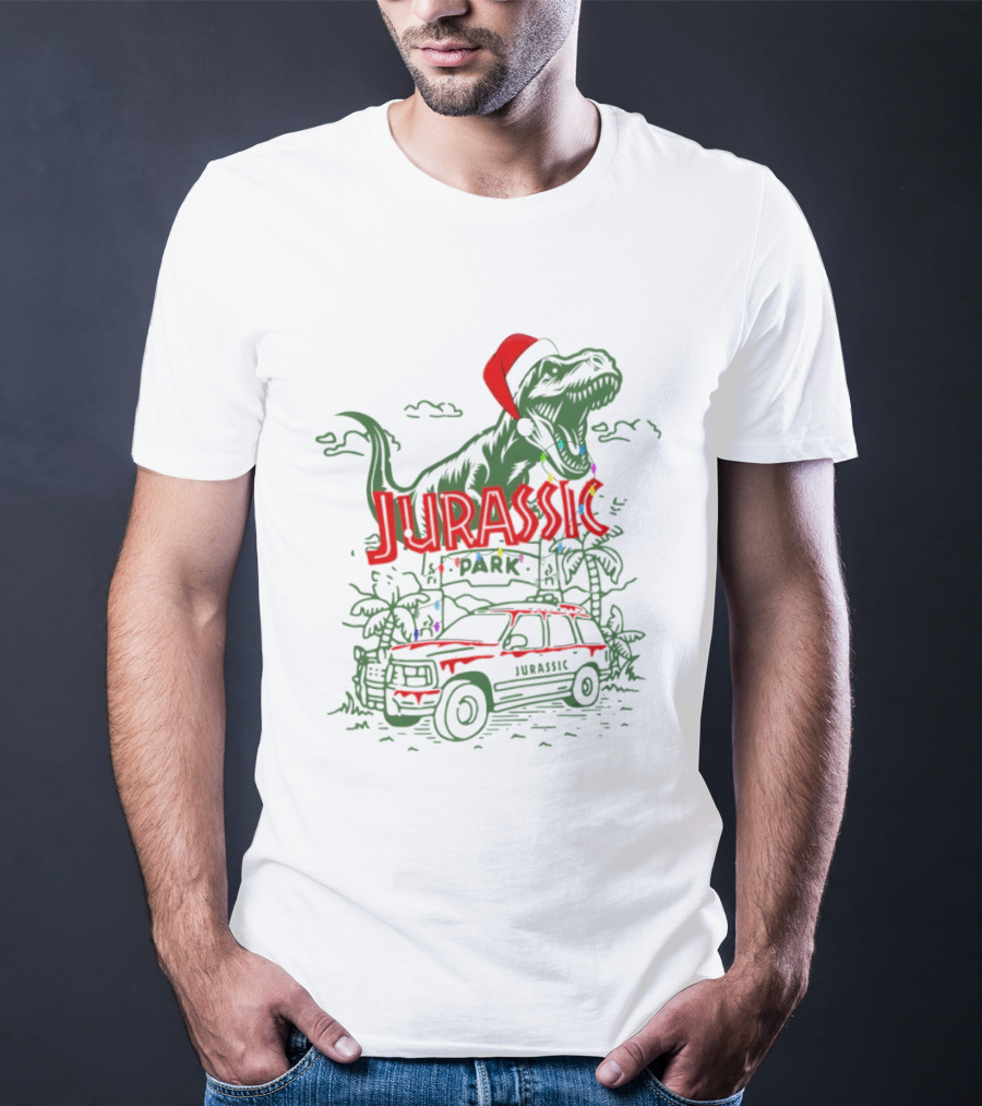Jurassic Park Santa Dinosaur Merry Christmas T-Rex Holiday Lights T-Shirt