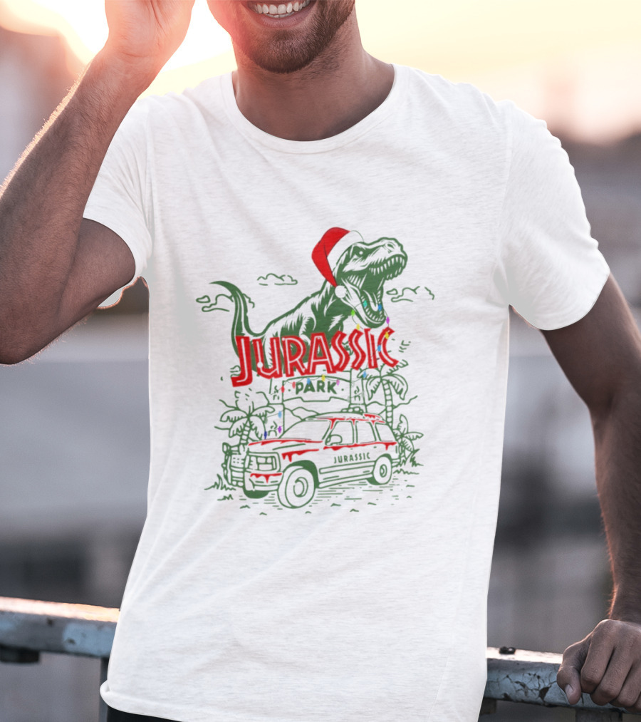 Jurassic Park Santa Dinosaur Merry Christmas T-Rex Holiday Lights T-Shirt