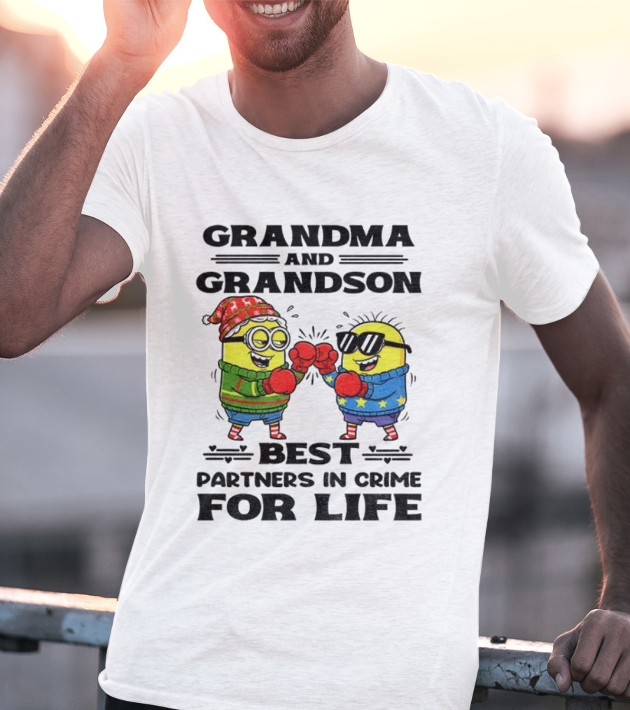 Grandma Grandson Best Partners In Crime For Life Christmas Minions T-Shirt