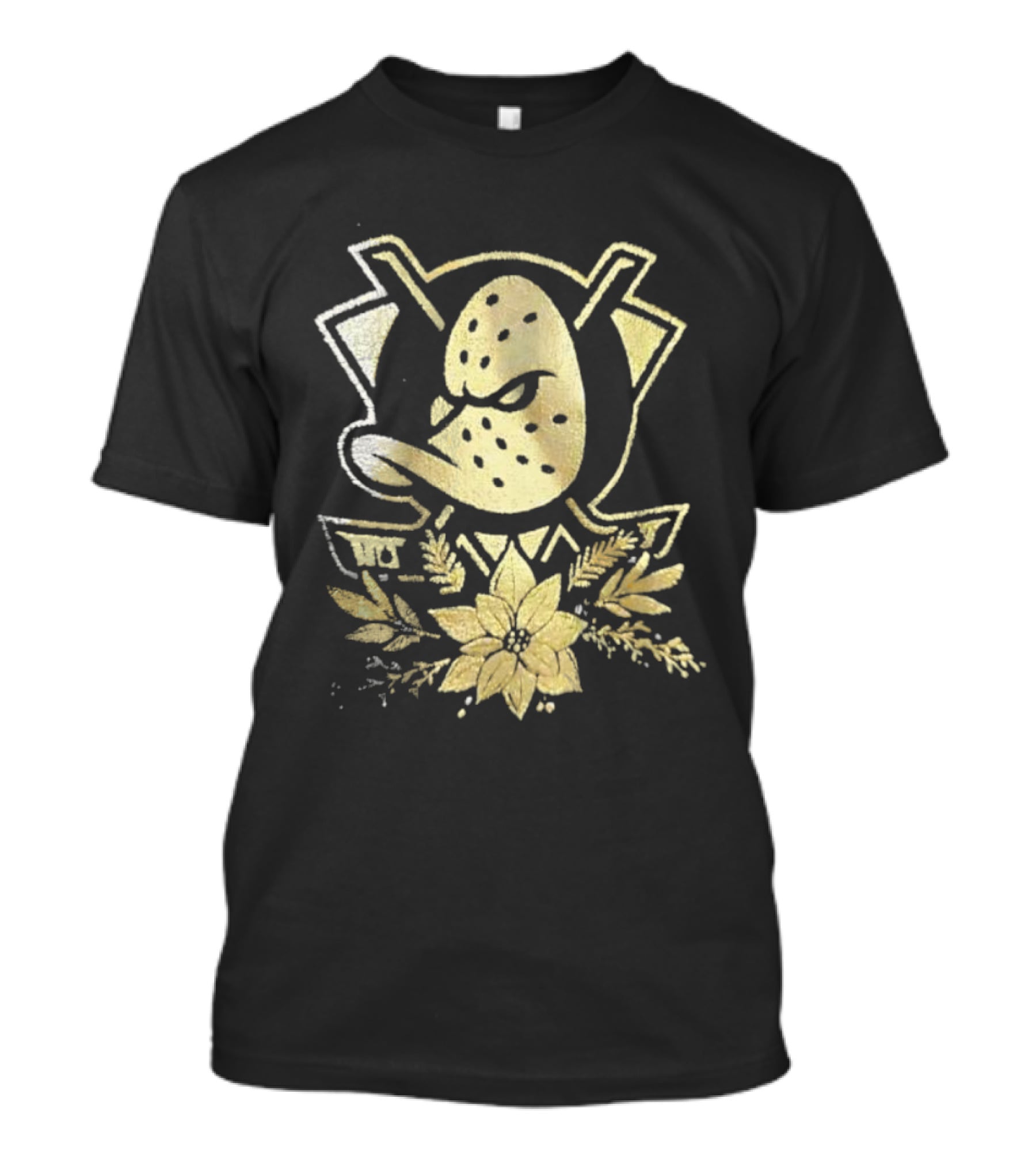 Anaheim Mighty Ducks Gold Holiday Hockey Logo With Festive Flowers T-Shirt