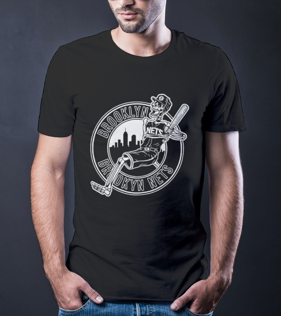 Brooklyn Nets Skeleton Player Baseball Crossover Cityscape T-Shirt