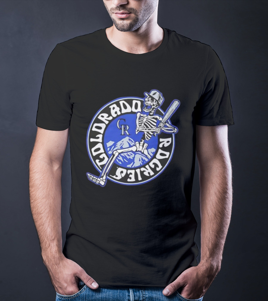 Colorado Rockies Skeleton Player CR Batting Scene Rockies Mountains Circle T-Shirt