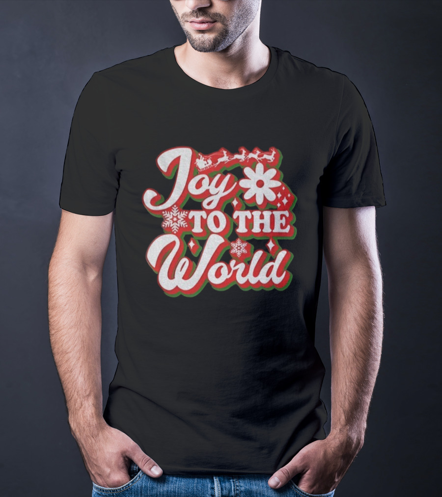 Joy To The World Merry Christmas Santa Sleigh Snowflakes T-Shirt