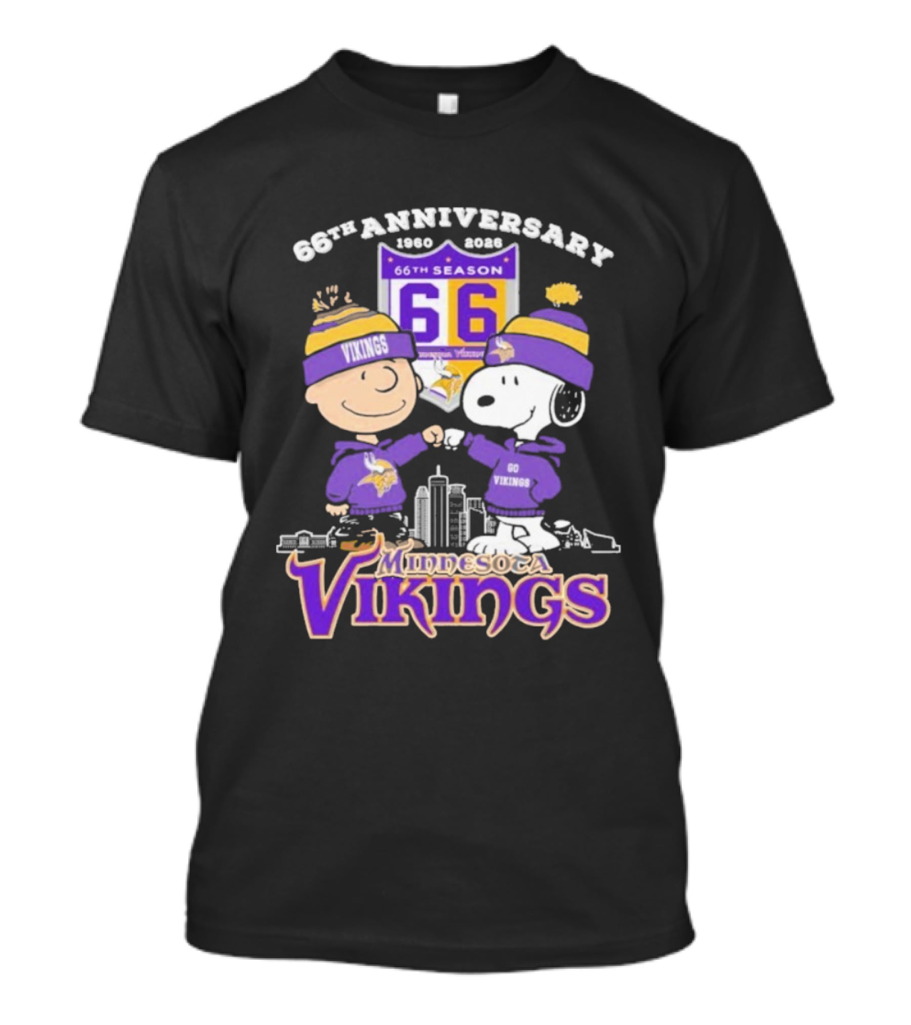 Snoopy Charlie Brown Peanuts Minnesota Vikings 66th Anniversary 1960-2026 T-Shirt