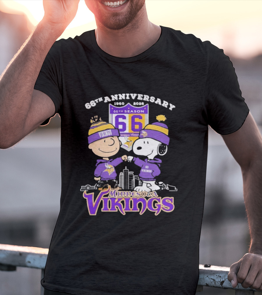 Snoopy Charlie Brown Peanuts Minnesota Vikings 66th Anniversary 1960-2026 T-Shirt