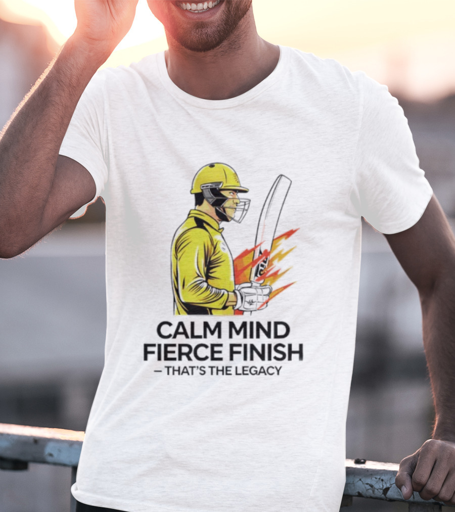 Calm Mind Fierce Finish Cricket Legacy Yellow Helmet Bat Flames T-Shirt