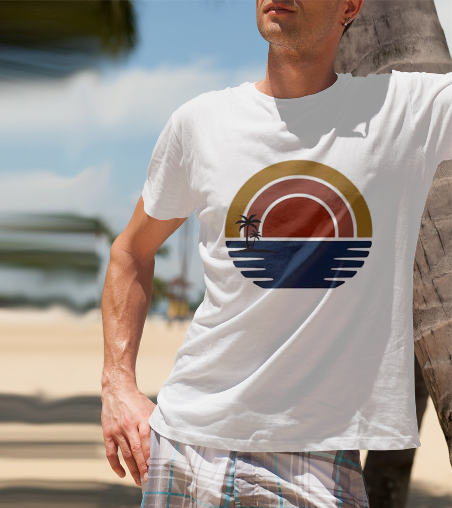 Retro Minimalist Sunset With Palm Trees And Ocean Waves T-Shirt