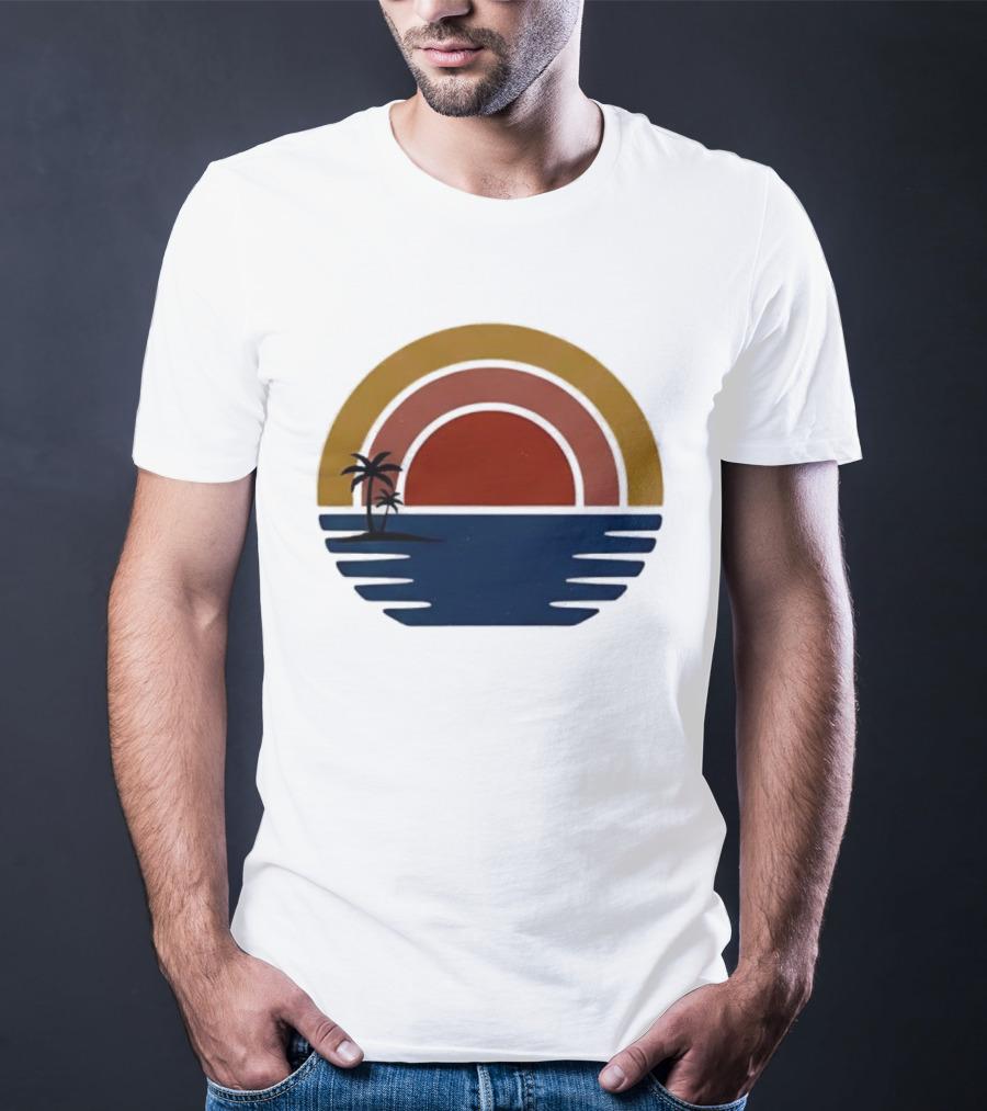 Retro Minimalist Sunset With Palm Trees And Ocean Waves T-Shirt