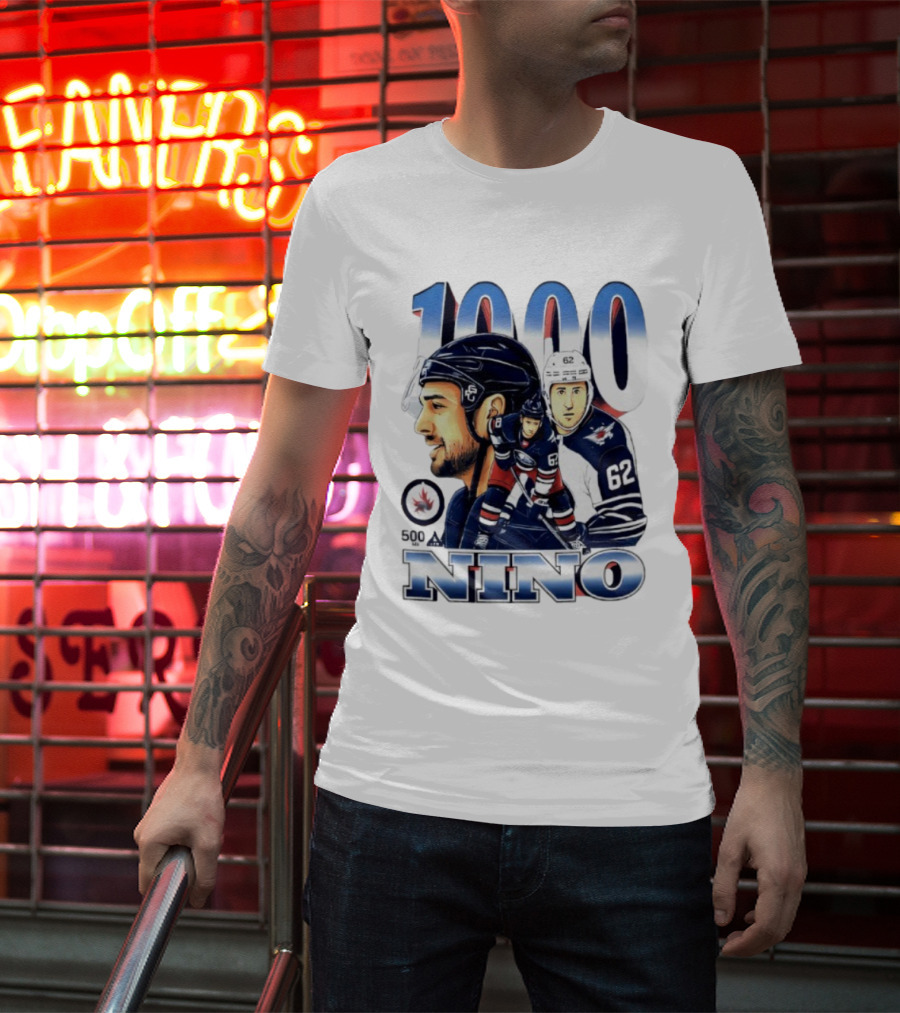 Nino 1000 Games Hockey Featuring Number 62 And Winnipeg Jets Colors T-Shirt