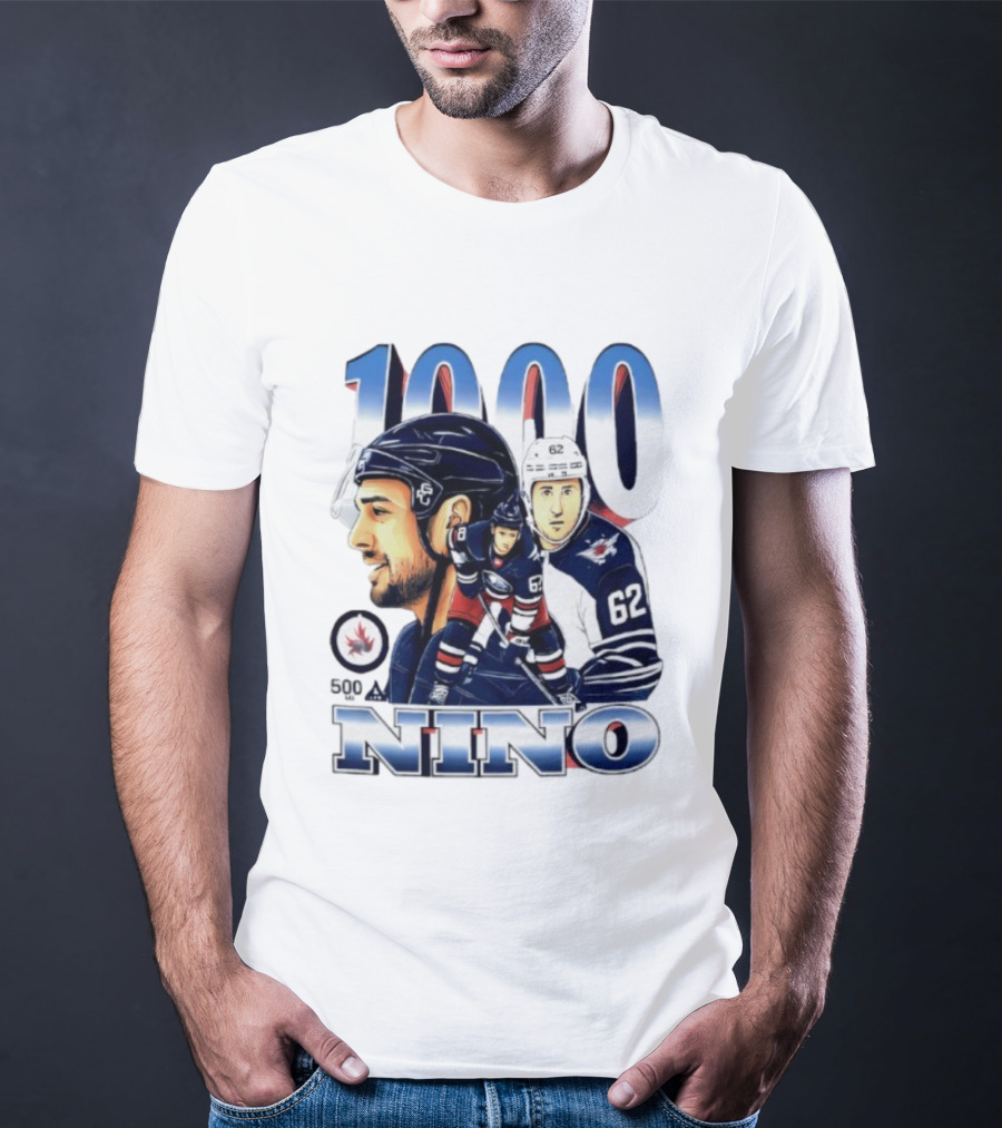 Nino 1000 Games Hockey Featuring Number 62 And Winnipeg Jets Colors T-Shirt
