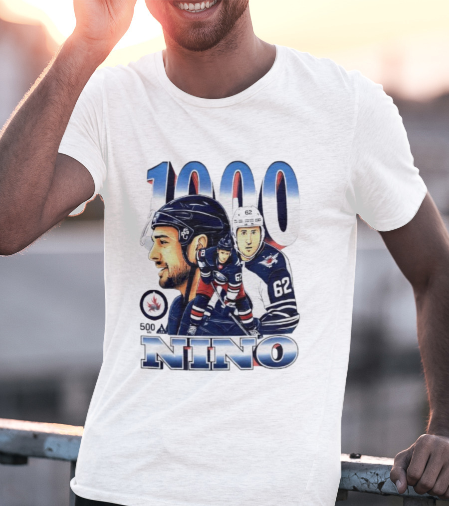 Nino 1000 Games Hockey Featuring Number 62 And Winnipeg Jets Colors T-Shirt