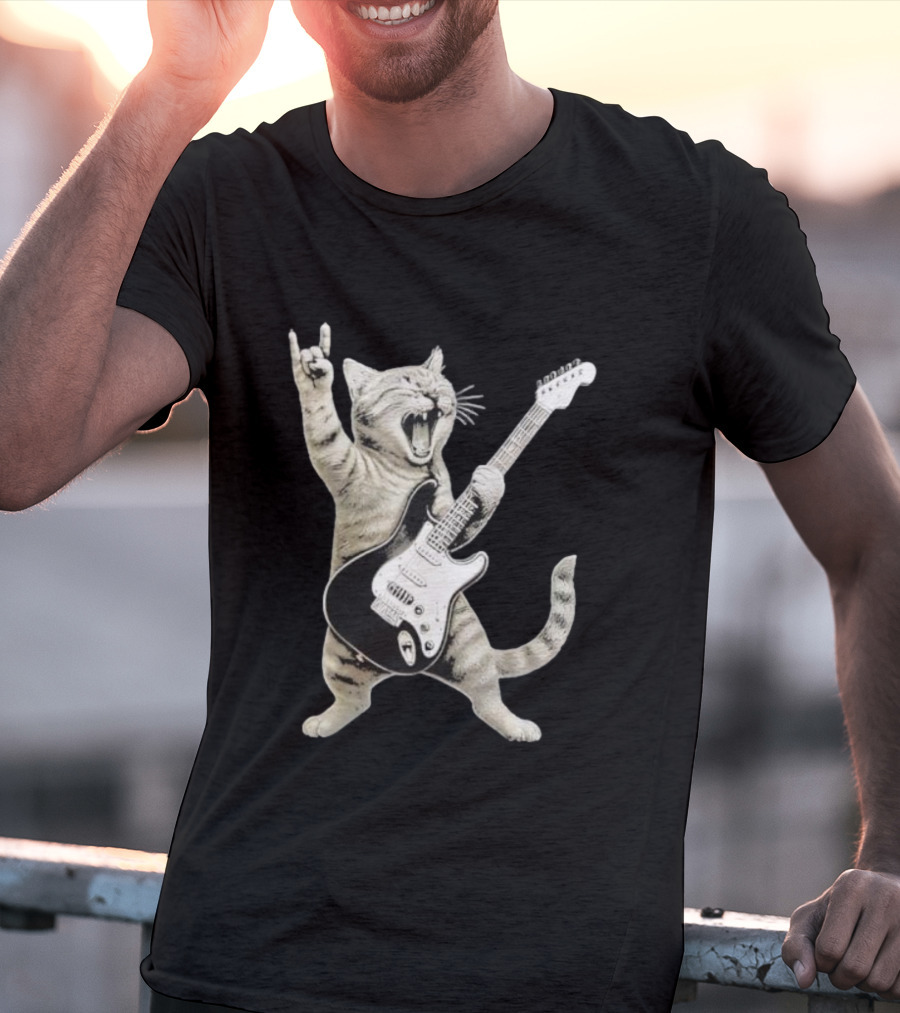 Funny Cat Playing Electric Guitar Rock And Roll Pose T-Shirt