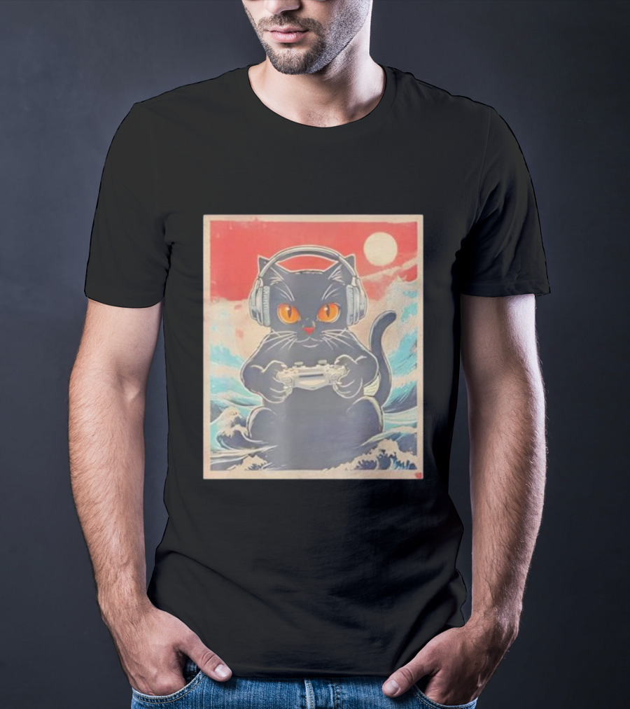 Kawaii Cat Anime Gamer Headphones Japanese Art Gaming Waves T-Shirt