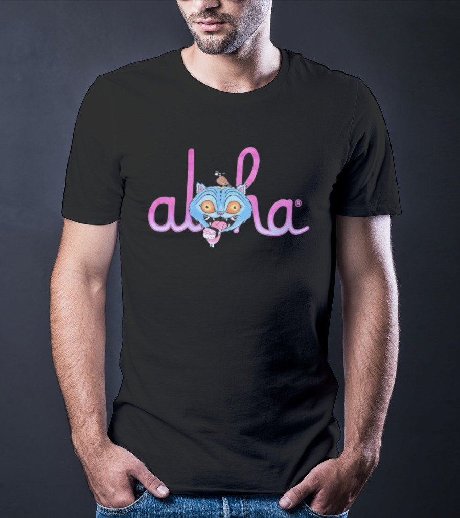 Aloha Derpy Tiger Blue Cat With Bird And Ice Cream T-Shirt