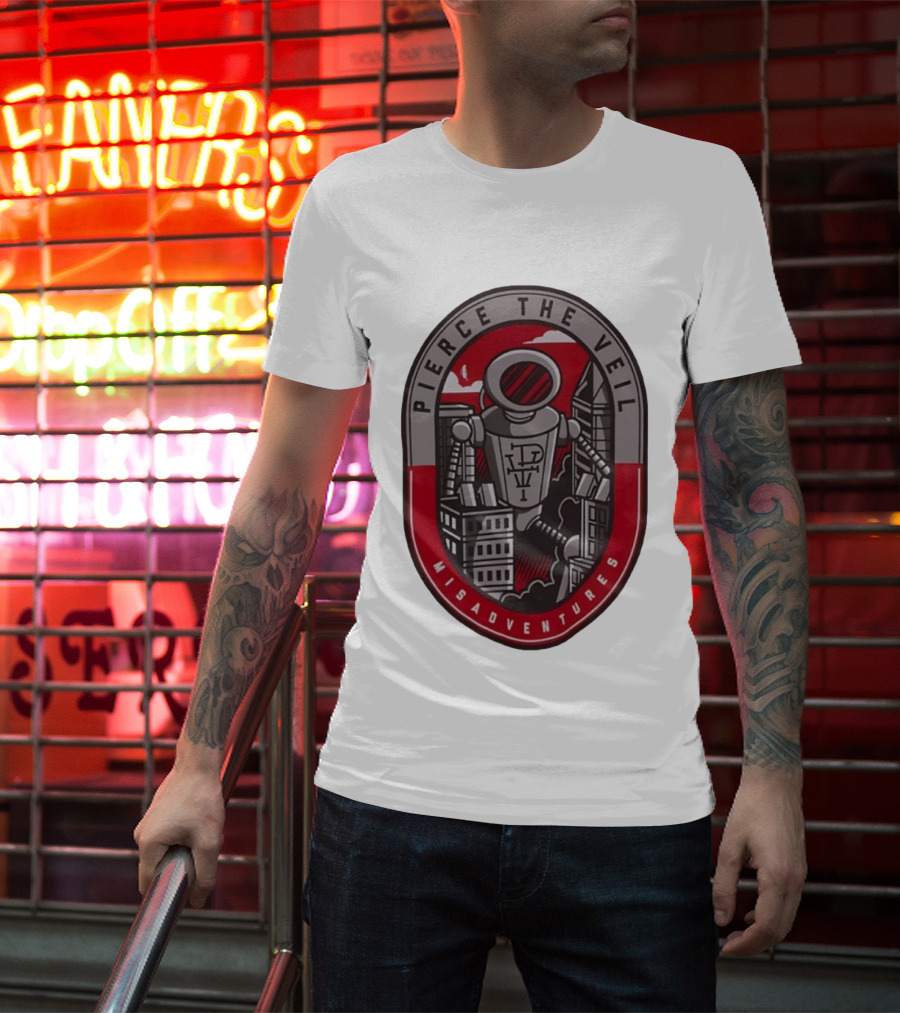 Pierce The Veil Misadventures Robot Cityscape Emblem T-Shirt