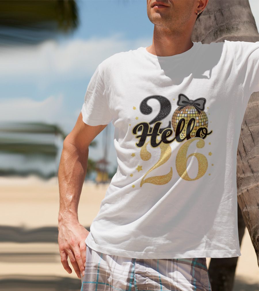 Hello 2026 Gold Glitter Bow Disco Ball Celebration T-Shirt