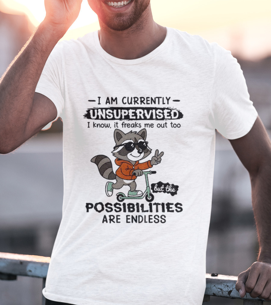 Raccoon Unsupervised Endless Possibilities Peace Sign Scooter Sunglasses Orange T-Shirt