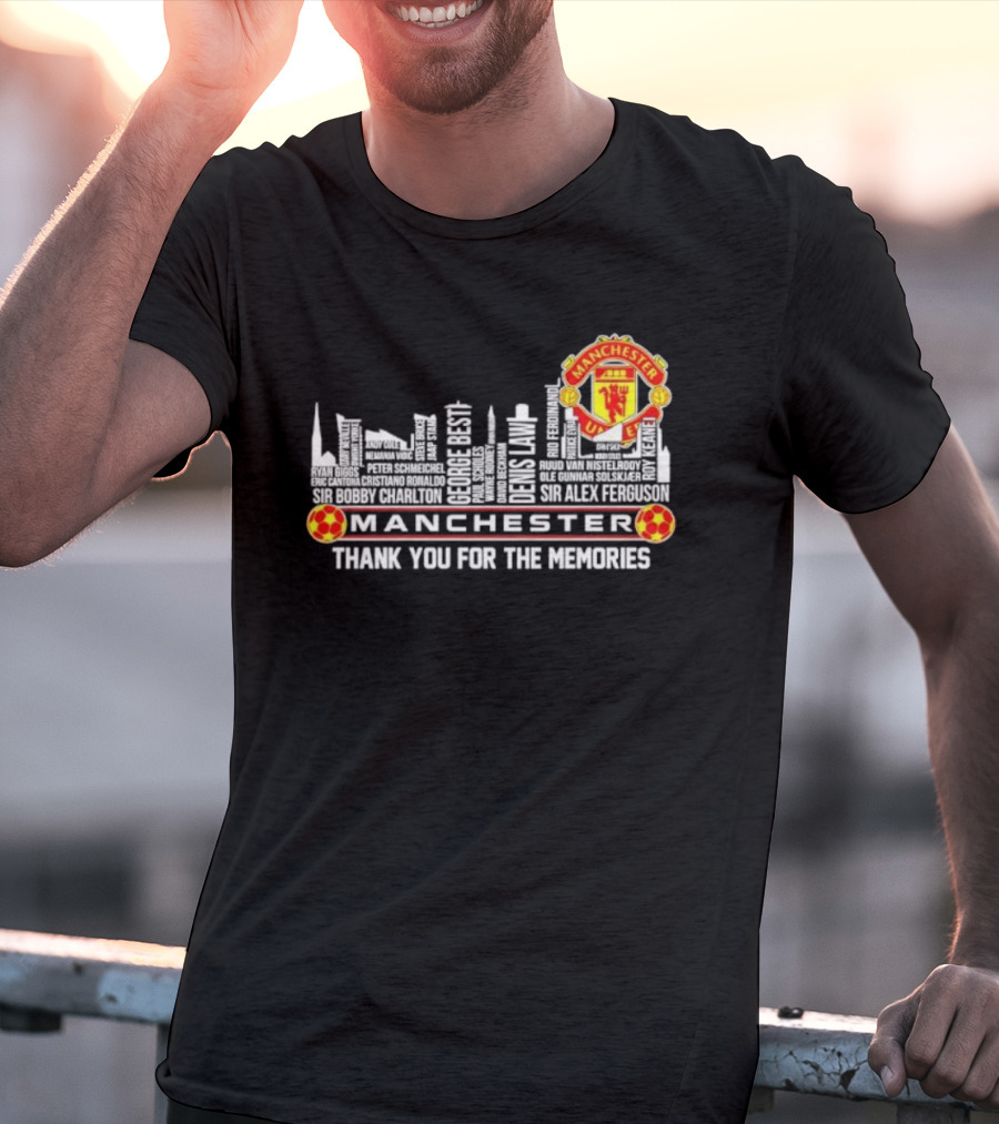 Manchester United Legends Beckham Rooney Sir Alex Ferguson Skyline Thank You For The Memories T-Shirt