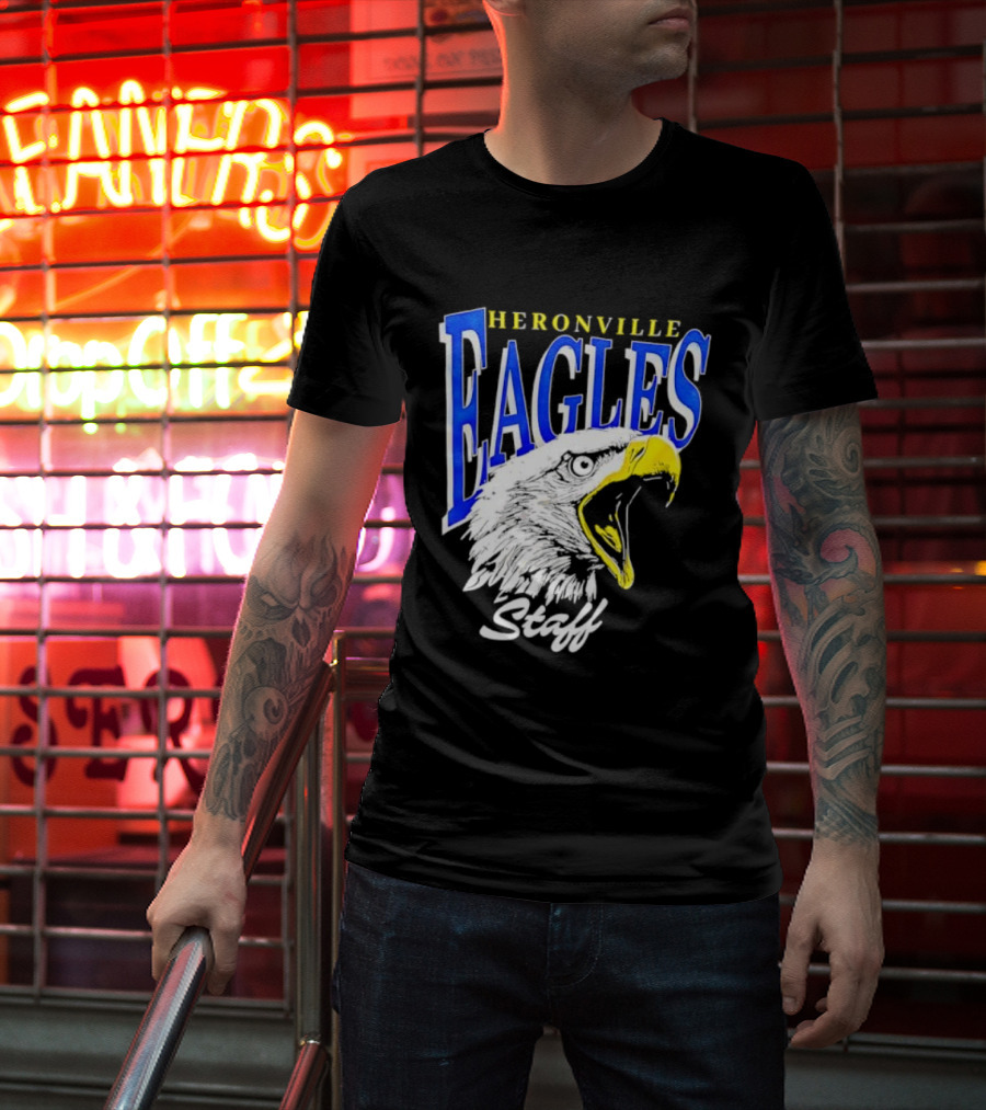 Heronville Eagles Staff Blue Bold Text White Eagle Design T-Shirt
