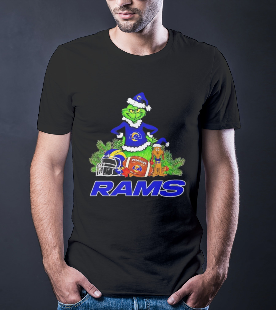 Grinch Max Los Angeles Rams Christmas Football Santa Hat T-Shirt