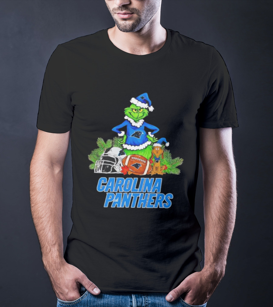 Carolina Panthers Christmas Grinch And Max Football Helmet Holiday T-Shirt