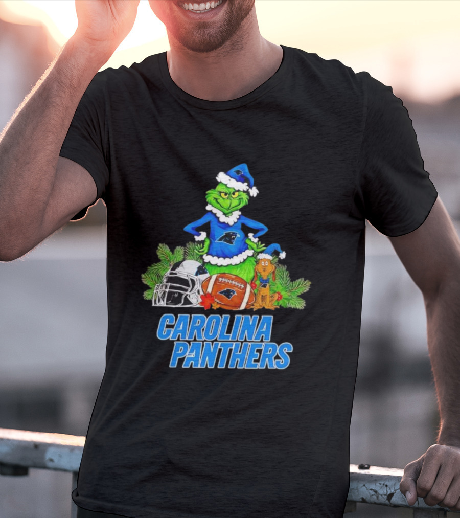 Carolina Panthers Christmas Grinch And Max Football Helmet Holiday T-Shirt