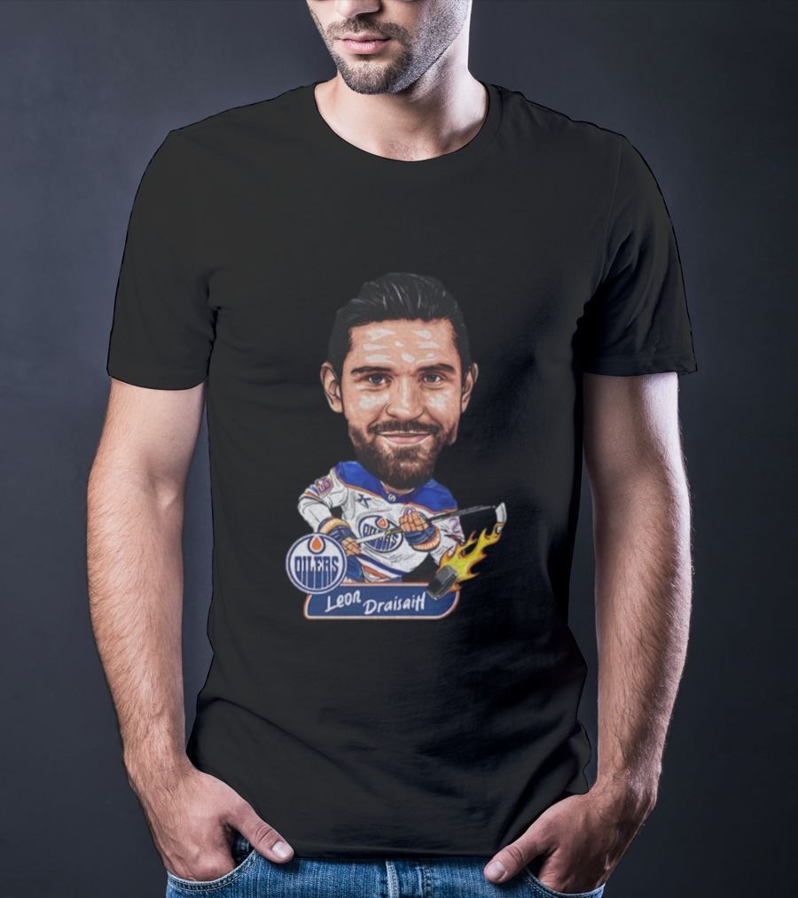 Edmonton Oilers Hockey Leon Draisaitl Caricature Flames Stick T-Shirt