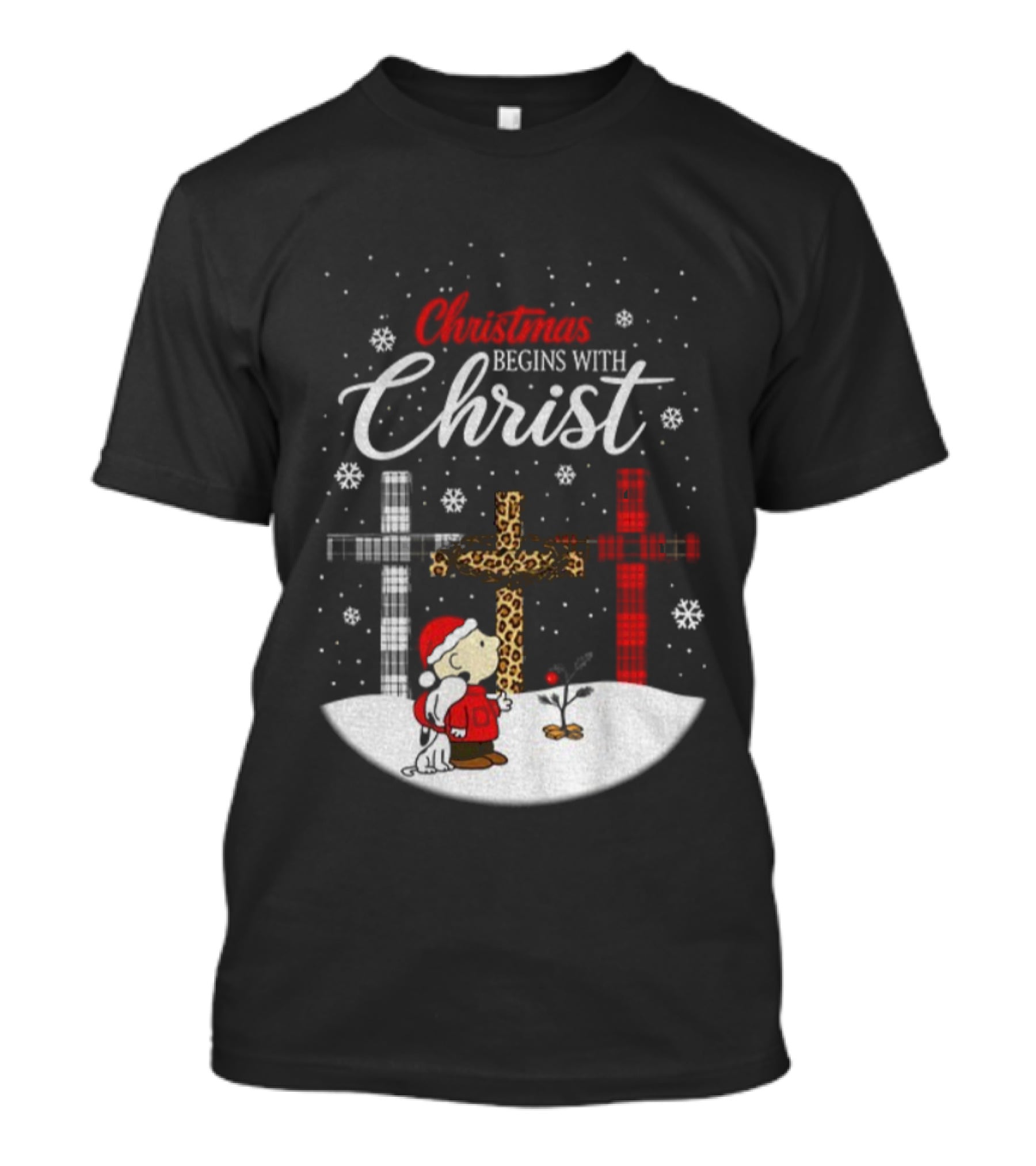 Christmas Begins With Christ Snoopy Charlie Brown Holiday Snow Scene T-Shirt