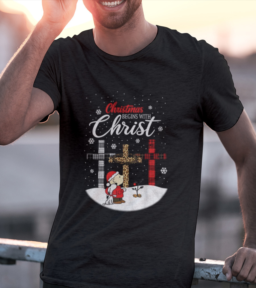 Christmas Begins With Christ Snoopy Charlie Brown Holiday Snow Scene T-Shirt