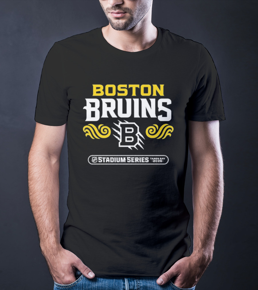 Boston Bruins Stadium Series 2026 B Emblem Yellow White Design T-Shirt