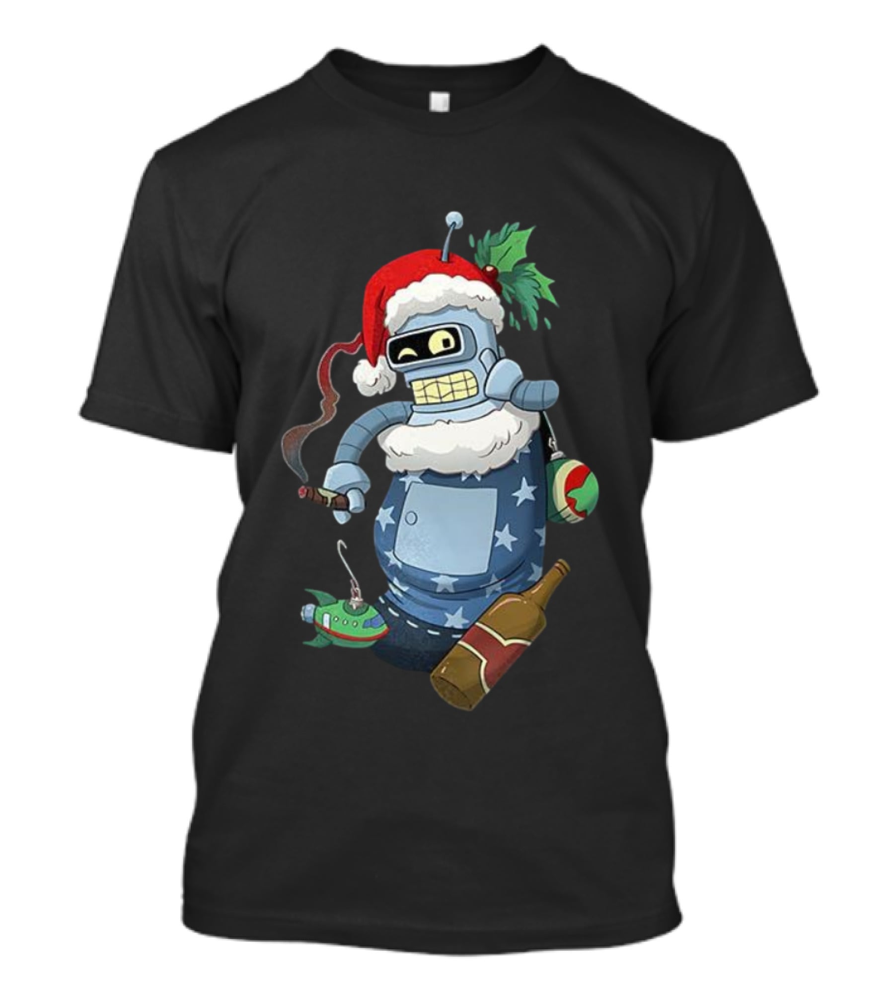 Futurama Bender Christmas Stocking Stuffer Smoking Cigar Santa Hat T-Shirt