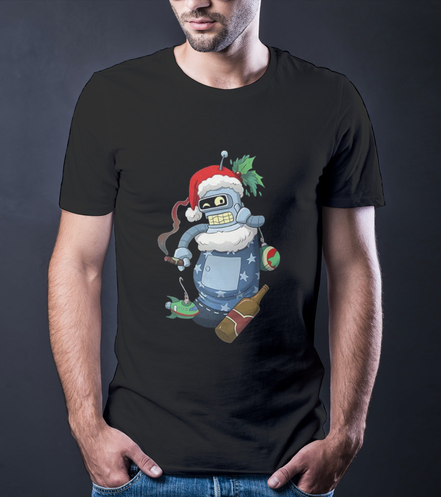 Futurama Bender Christmas Stocking Stuffer Smoking Cigar Santa Hat T-Shirt