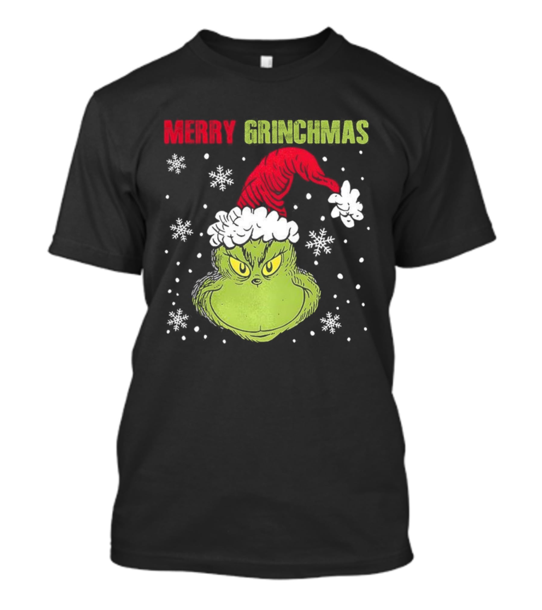 Merry Grinchmas Grinch Head Santa Hat Christmas Snowflakes T-Shirt