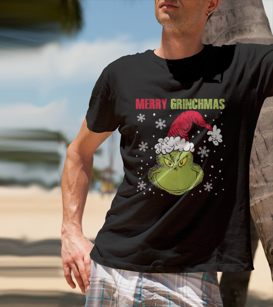Merry Grinchmas Grinch Head Santa Hat Christmas Snowflakes T-Shirt