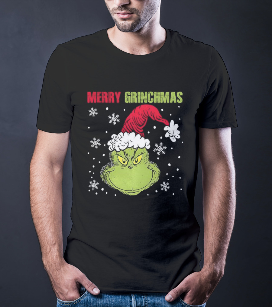 Merry Grinchmas Grinch Head Santa Hat Christmas Snowflakes T-Shirt