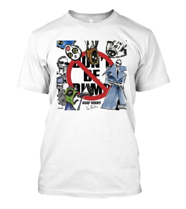 ASAP Rocky X Tim Burton Don't Be Dumb Surreal Collaboration Red Circle Strikethrough Gas Mask Barbed Wire Karambit Knife Blue Robe T-Shirt