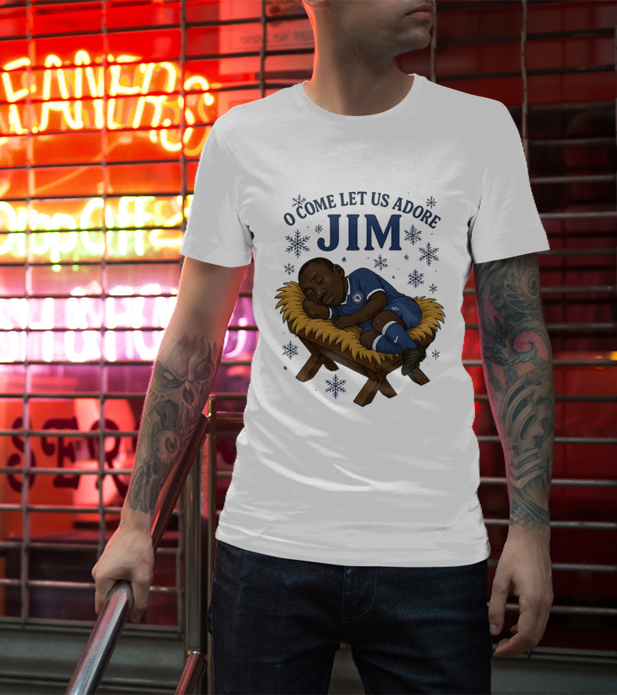 O Come Let Us Adore Jim Sleeping In Chelsea FC Christmas Manger Caricature T-Shirt